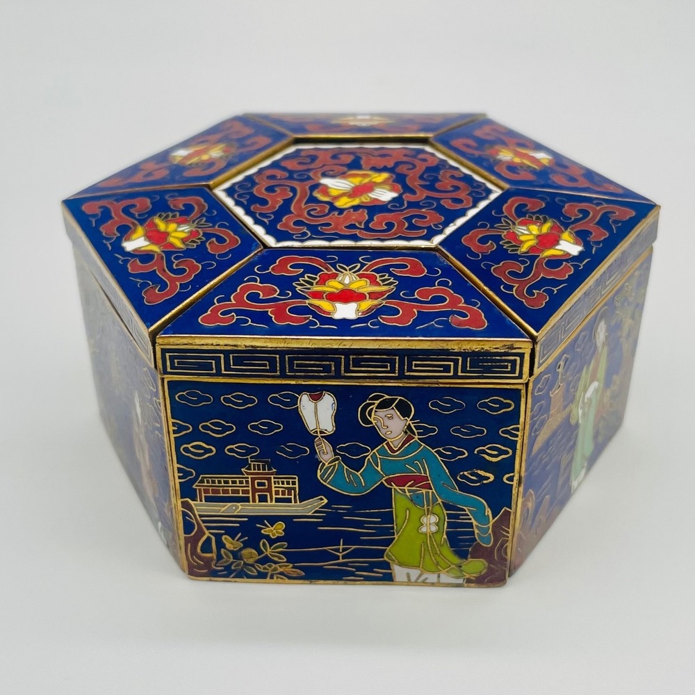 Peking Jewelry Cloisonne Enamel 7-Piece Puzzle Trinket Box Set Blue Floral - Picture 5 of 17